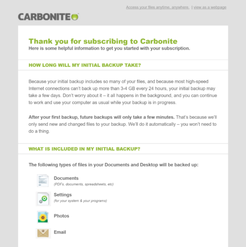 Carbonite Welcome Email